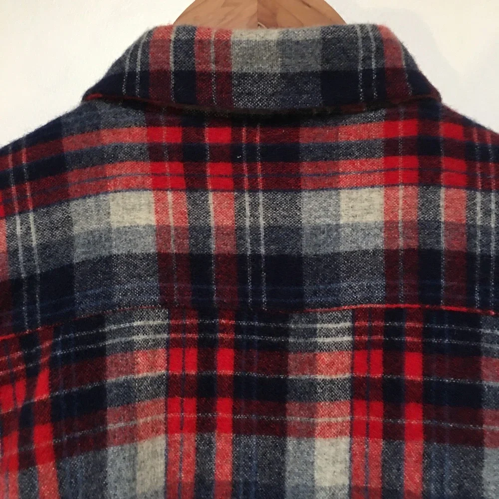 St John's Bay 100% Wool Shirt Mens Large Tall Red Blue Plaid Vintage Long Sleeve - Picture 4 of 12